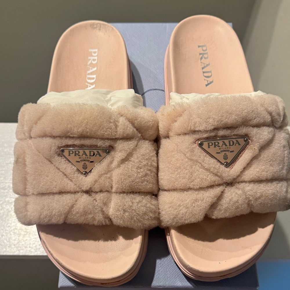 Prada Women's Beige Fur Slippers